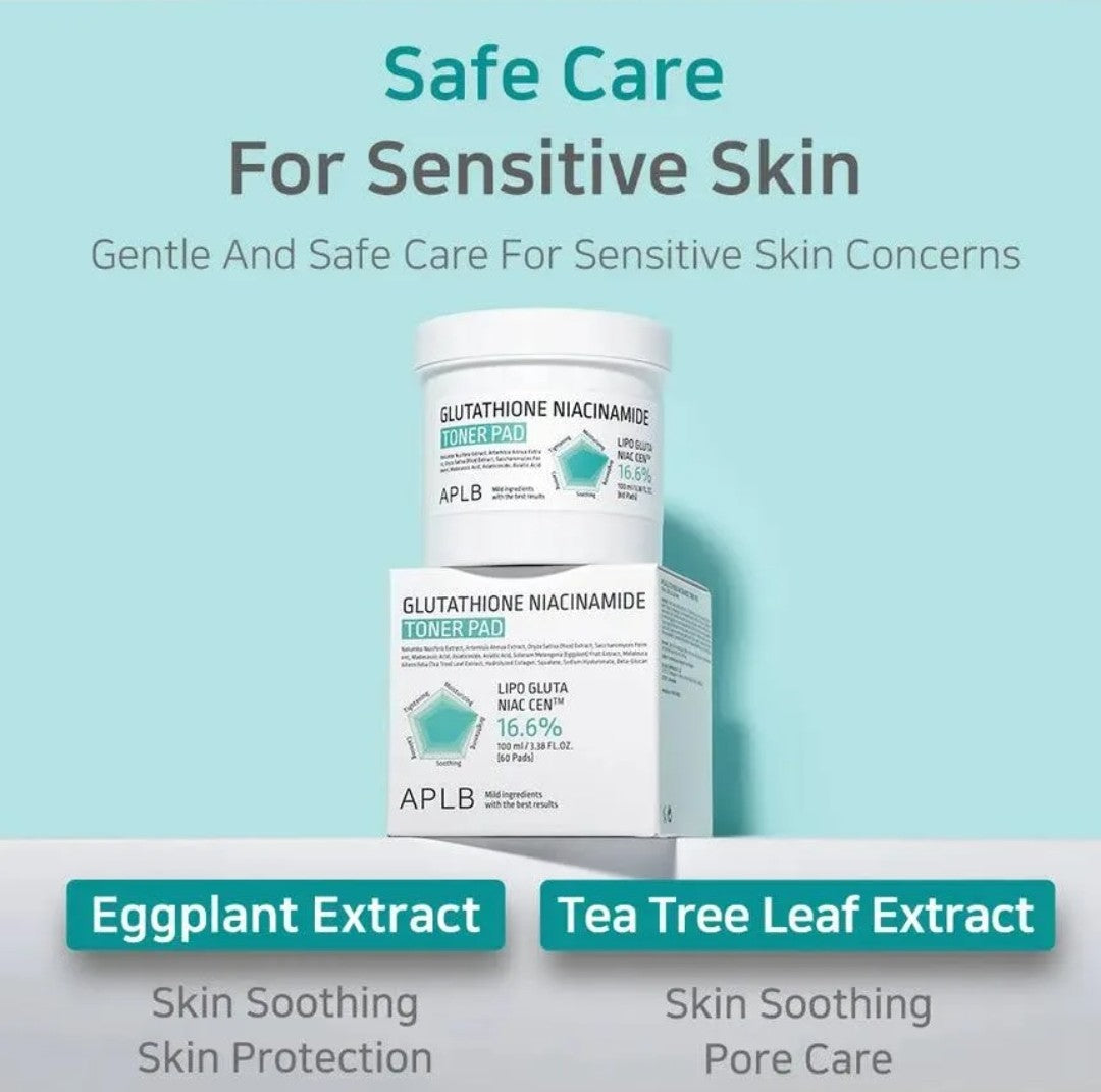 APLB skincare product with eggplant extract and tea tree leaf extract on a light blue background