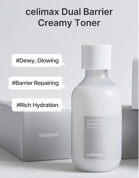 Celimax Dual Barrier Creamy Toner bottle with product benefits on a light gray background