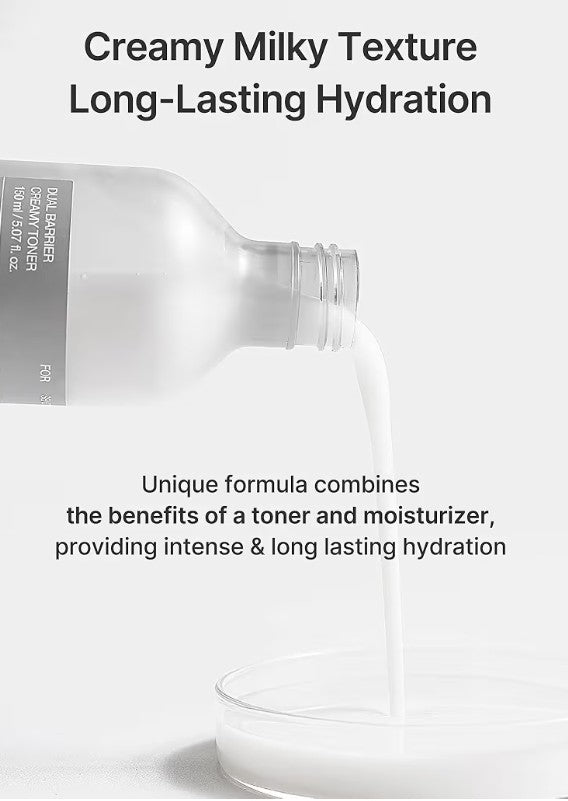 Bottle of skincare product with text highlighting creamy texture and long-lasting hydration.