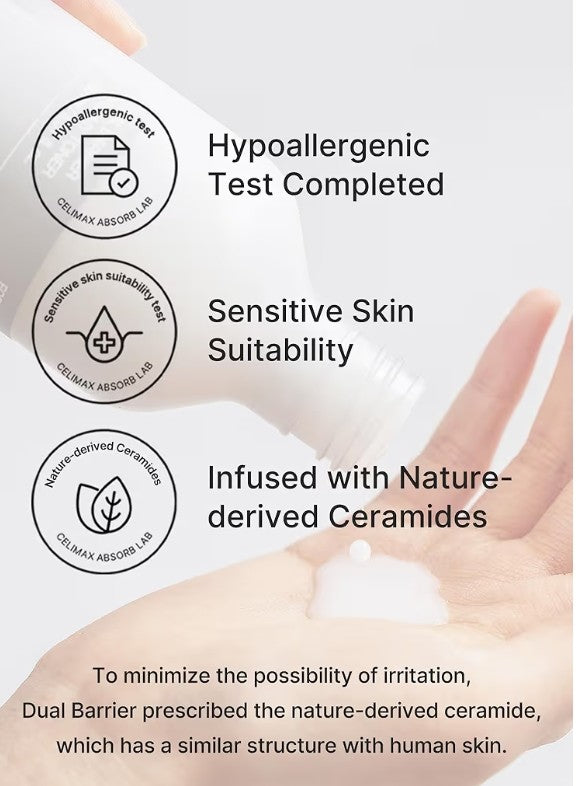 Product packaging with hypoallergenic and sensitive skin suitability labels, showing a hand with cream application.