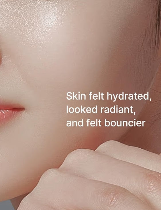 Close-up of a person's face with smooth skin texture, text overlay about skin hydration.