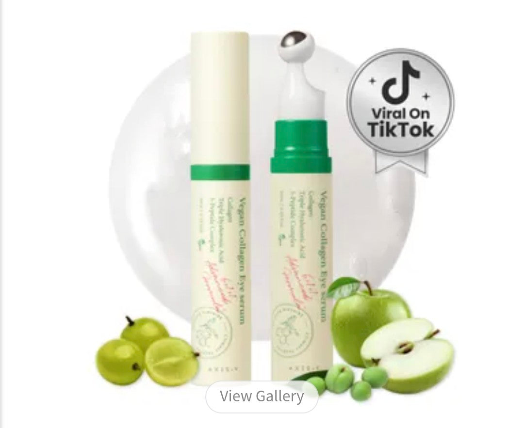 Two green skincare products with green apples and gooseberries on a white background, featuring TikTok branding.