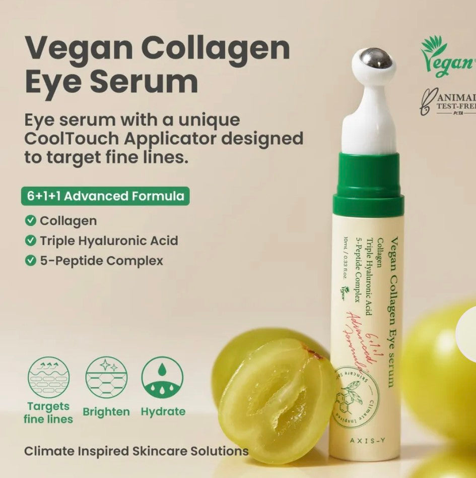Vegan collagen eye serum with CoolTouch applicator on a beige background