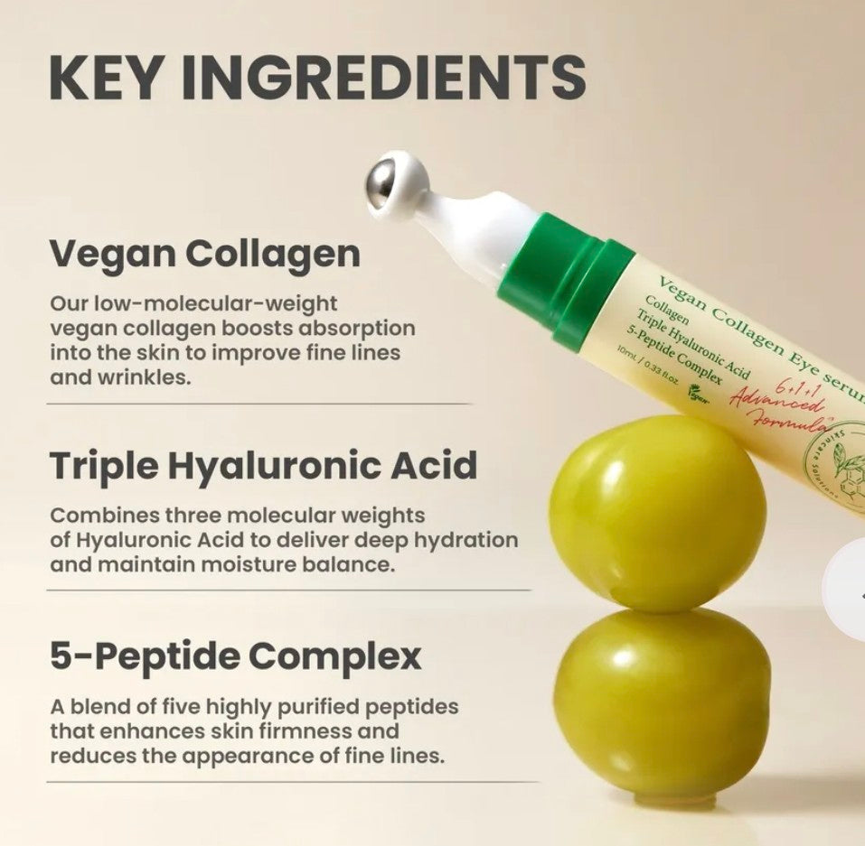 Skincare product with key ingredients listed on a beige background