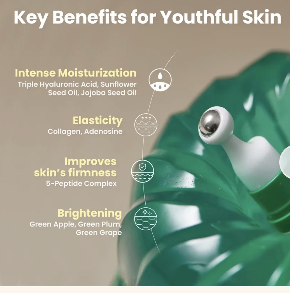 Green skincare product with text listing key benefits for youthful skin on a beige background