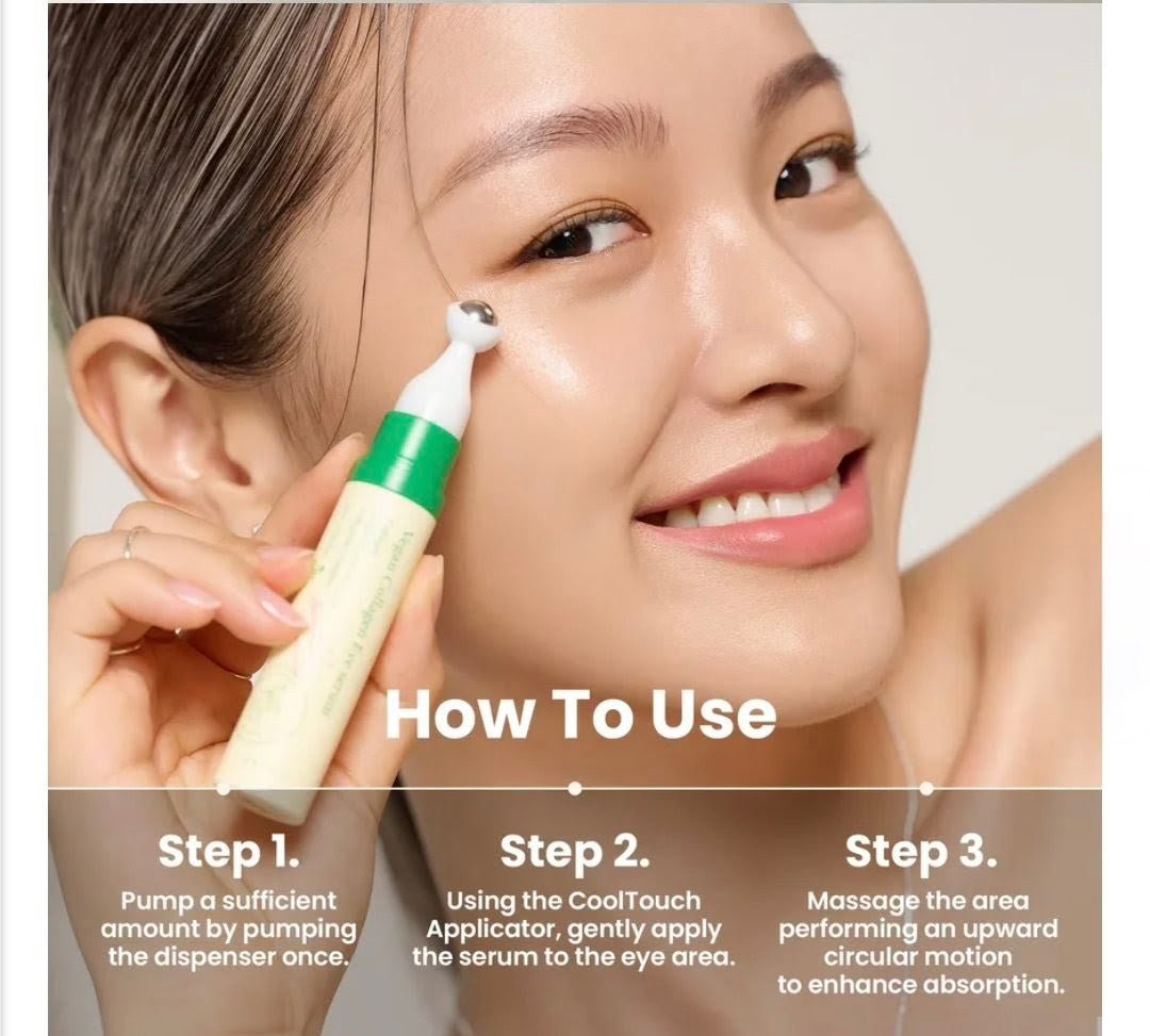 Woman using a skincare product with text on how to use it