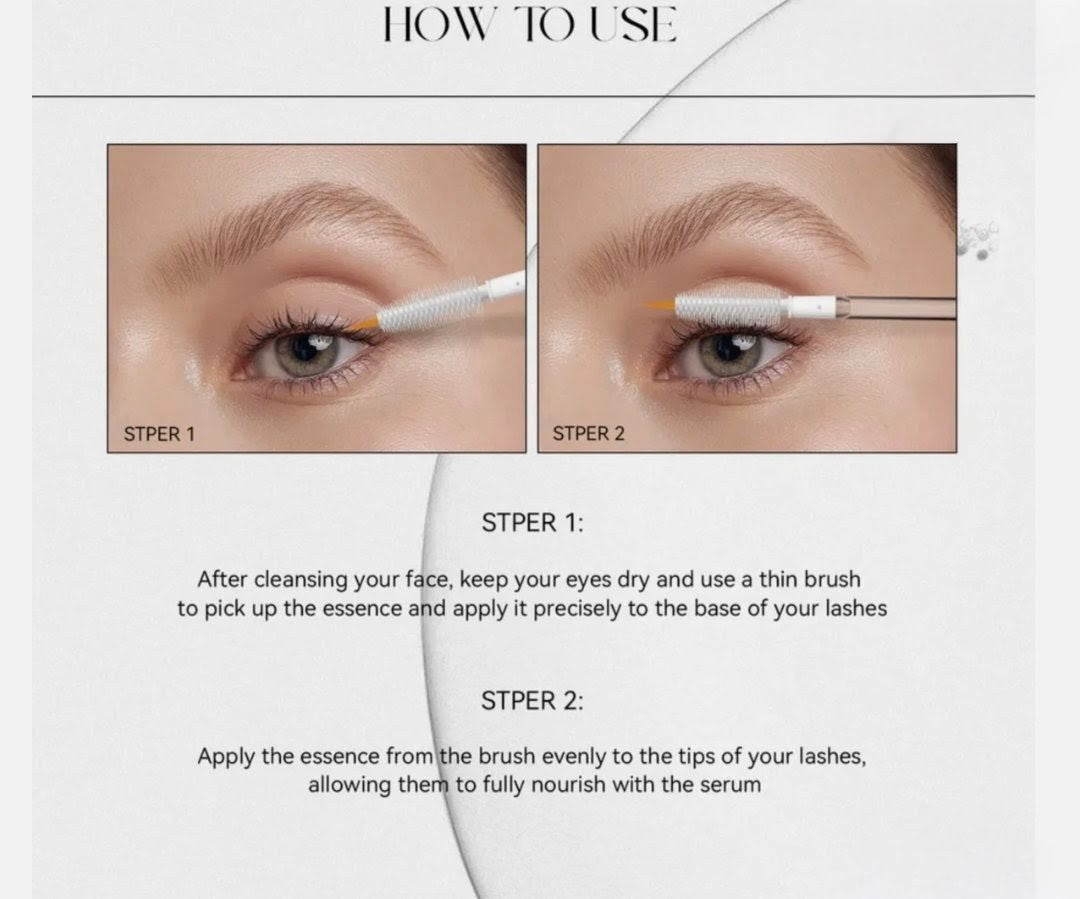 Instructions on how to use a eyelash serum with close-up images of an eye and brush application.