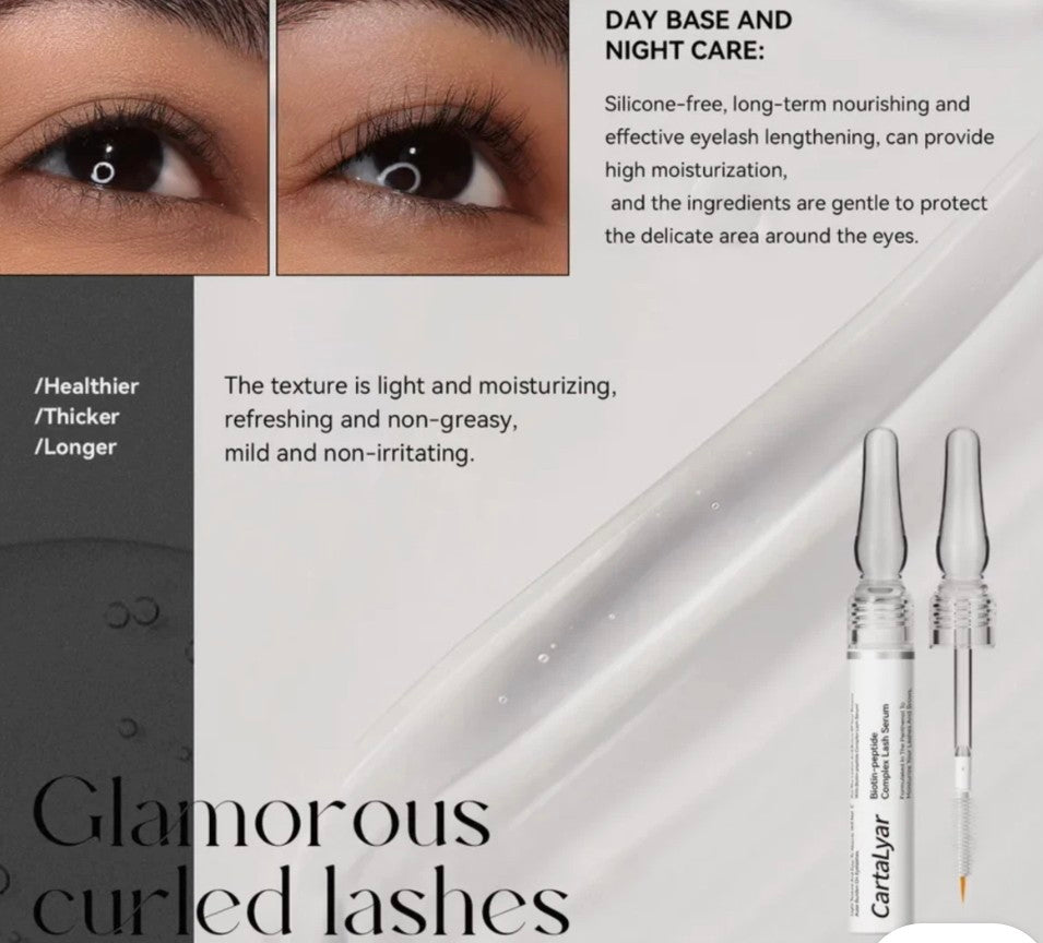 Advertisement for eyelash serum with close-up of eyes and product packaging.