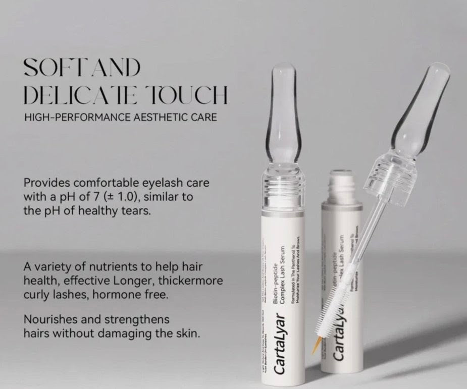 Cartalyar eyelash care products with text on a gray background