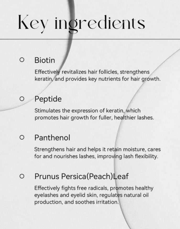 List of key ingredients with descriptions for hair and eyelash care products on a white background.