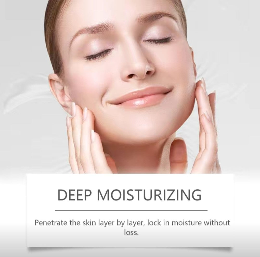 Woman with smooth skin touching her face, with text about deep moisturizing.