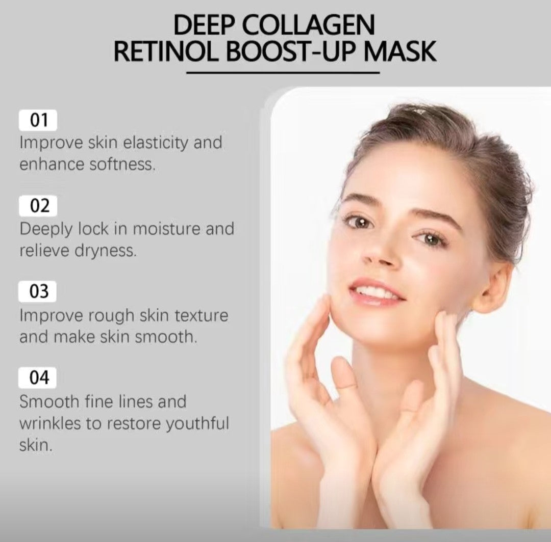 Deep Collagen Retinol Boost-Up Mask advertisement with a woman touching her face.