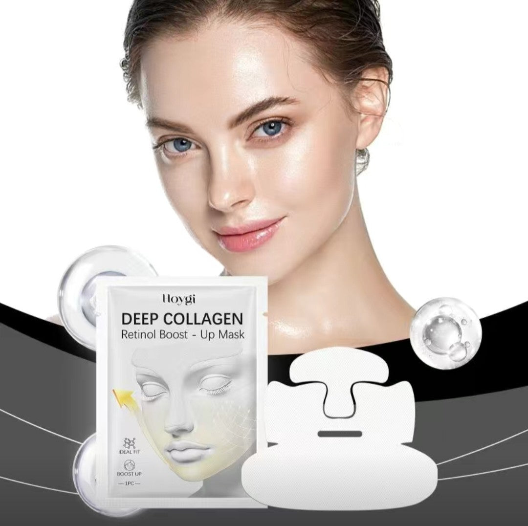 Woman with a deep collagen mask and packaging on a white background