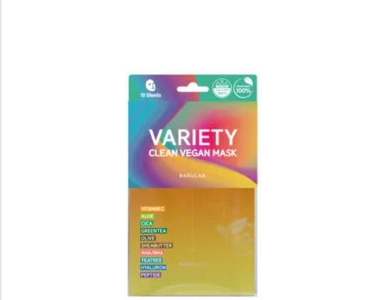 Pack of variety clean vegan masks with colorful packaging on a white background