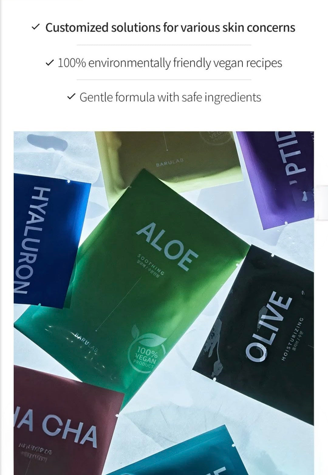 Various skincare product packets with ingredients like Aloe and Olive on a white background.