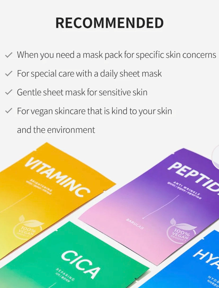 Sheet masks with labels for different skin concerns on a white background