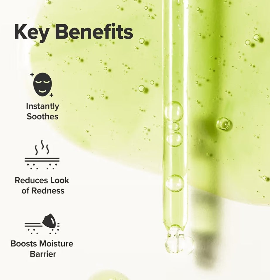 Key benefits of a skincare product with green liquid and dropper on a white background