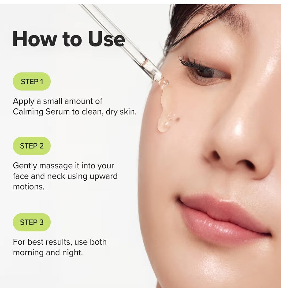 Instructions on how to use a calming serum with a close-up of a woman's face.