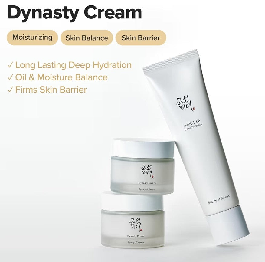 Two containers and a tube of Dynasty Cream with text highlighting its benefits on a white background.