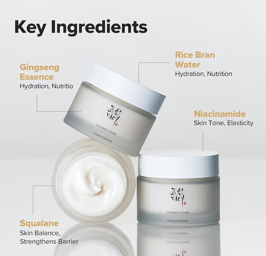 Three jars of cream with key ingredients labeled on a light gray background