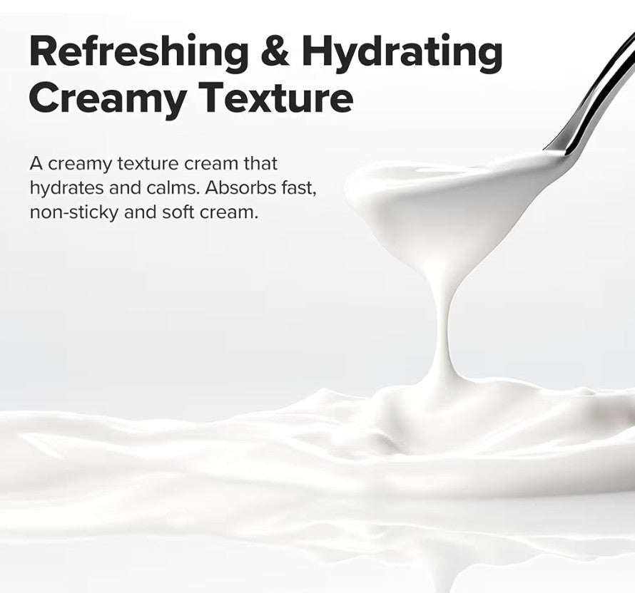 Cream being poured with text about refreshing and hydrating creamy texture