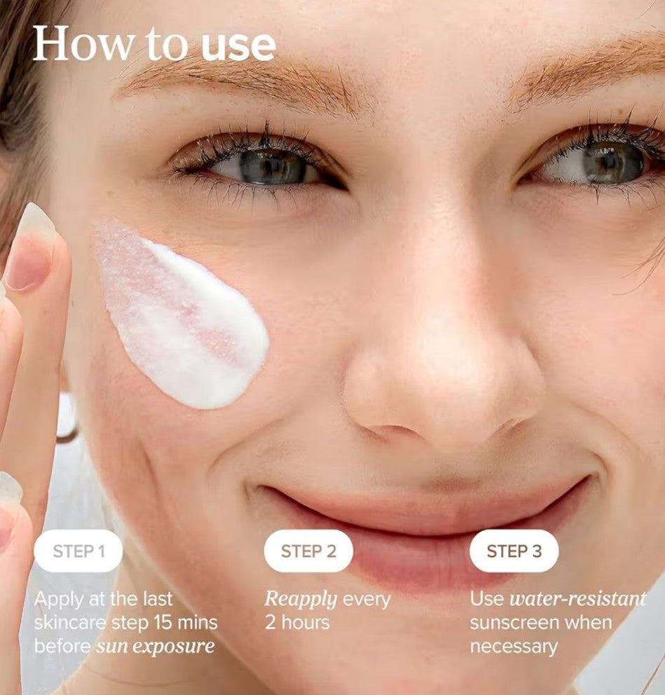 Close-up of a woman applying sunscreen with text on how to use it.