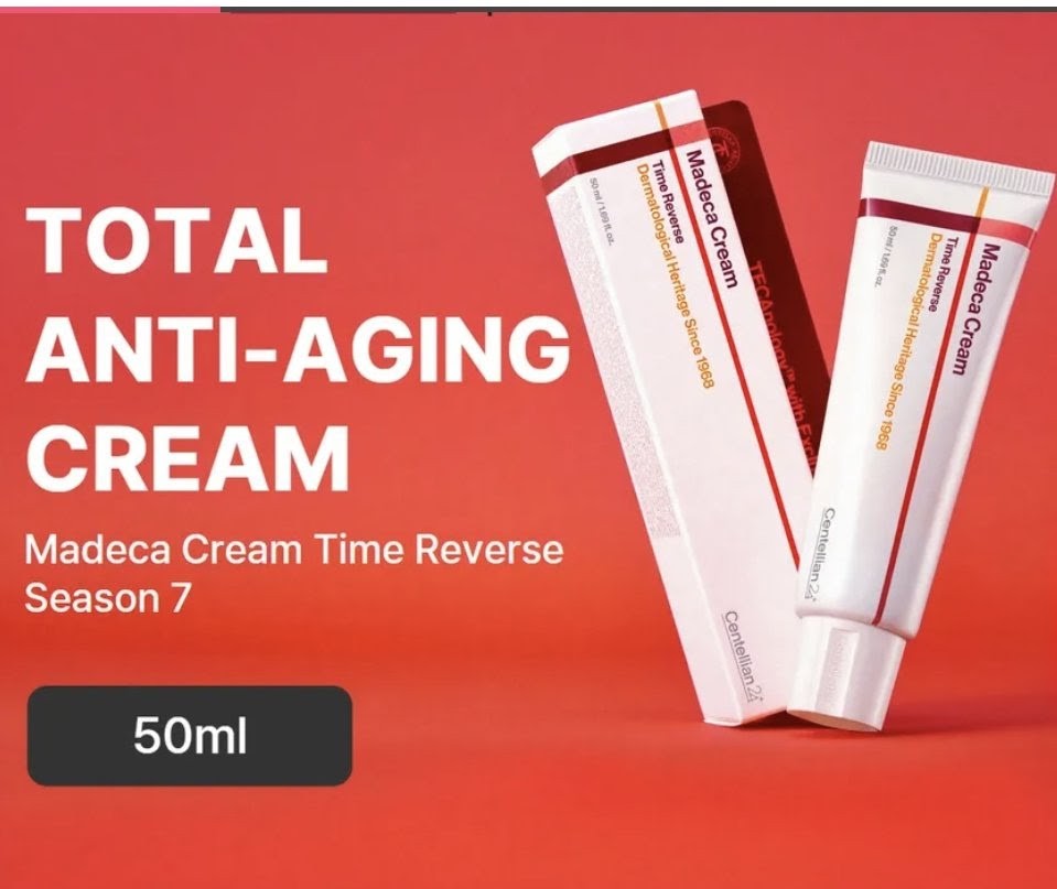 Two tubes of Madeca Cream Time Reverse on a red background with text about total anti-aging cream.