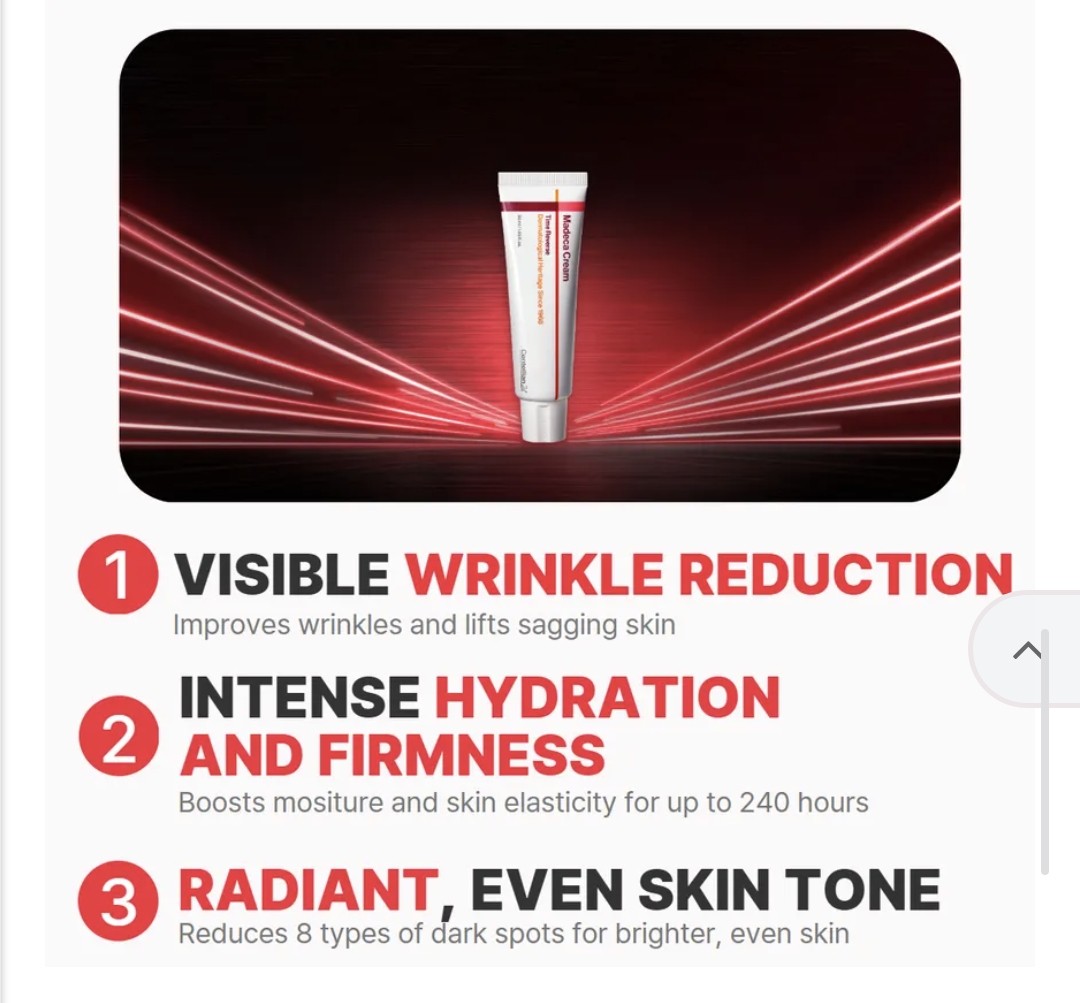 Cosmetic tube with visible wrinkle reduction, intense hydration, and firmness, and radiant, even skin tone benefits on a dark background.