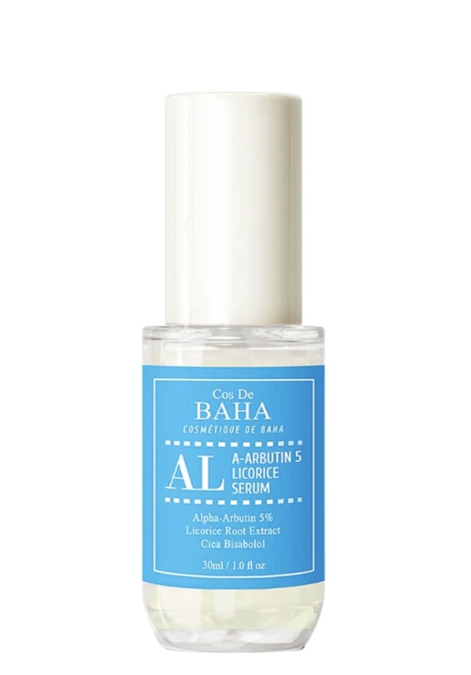 Bottle of Baha serum with blue label on a white background