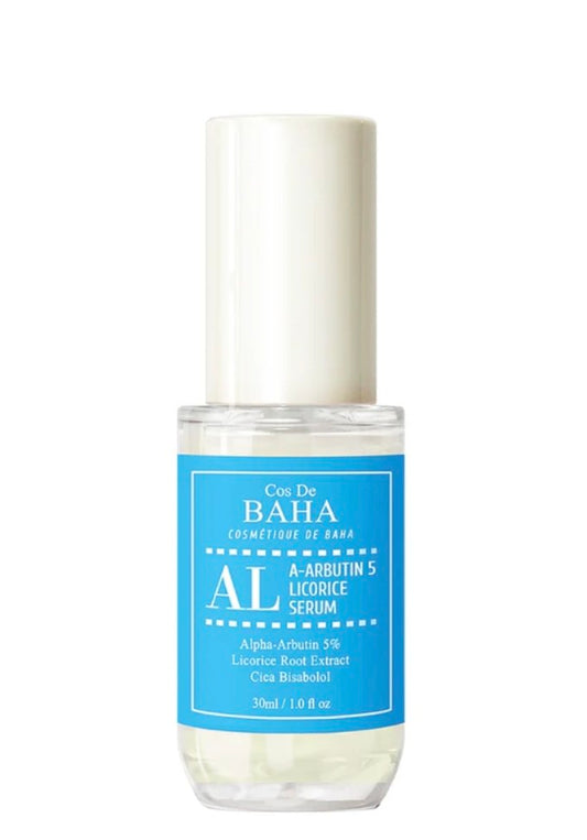 Bottle of Baha serum with blue label on a white background