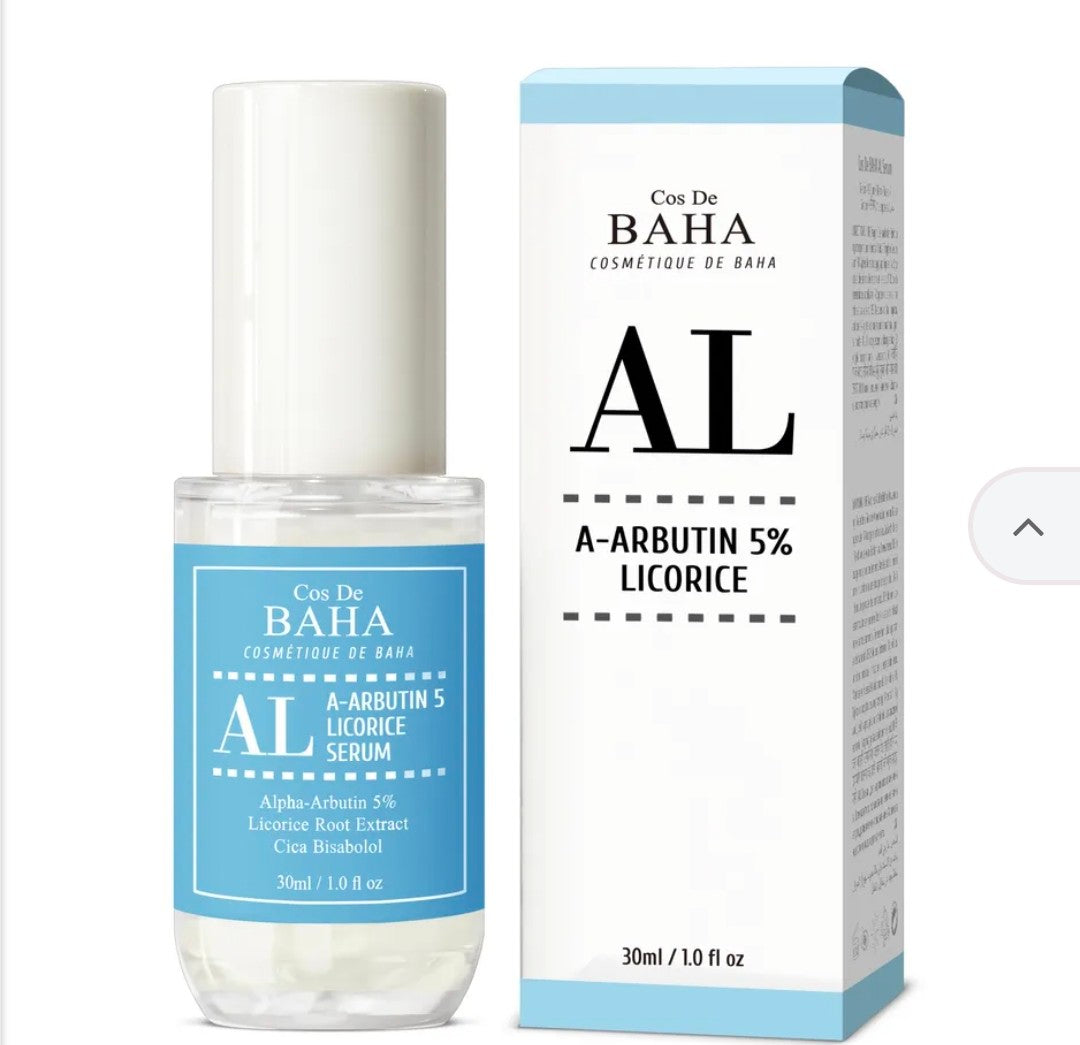 Cosmetic bottle and packaging of Cos De Baha A-Arbutin 5% Licorice Serum on a white background