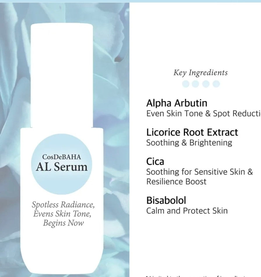 CosDeBAHA AL Serum with key ingredients listed on a light blue background