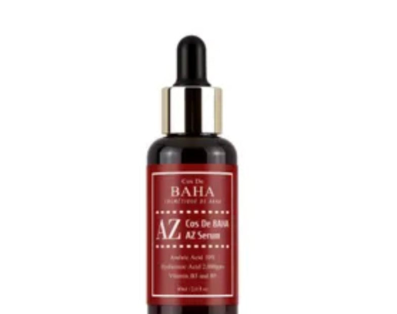 Cosmetic serum bottle with dropper labeled 'Cos De Baha AZ Serum' on a white background