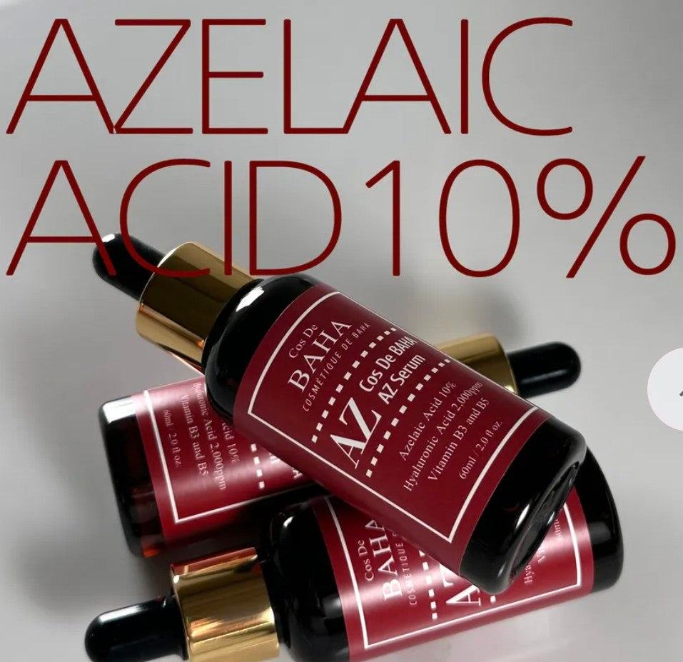 BHA serum bottles with 'Azeleatic Acid 10%' text on a gray background