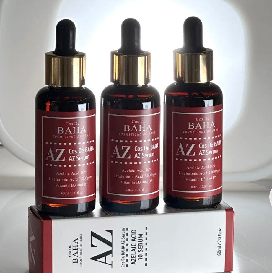 Three Baha AZ Serum bottles with a box on a white background