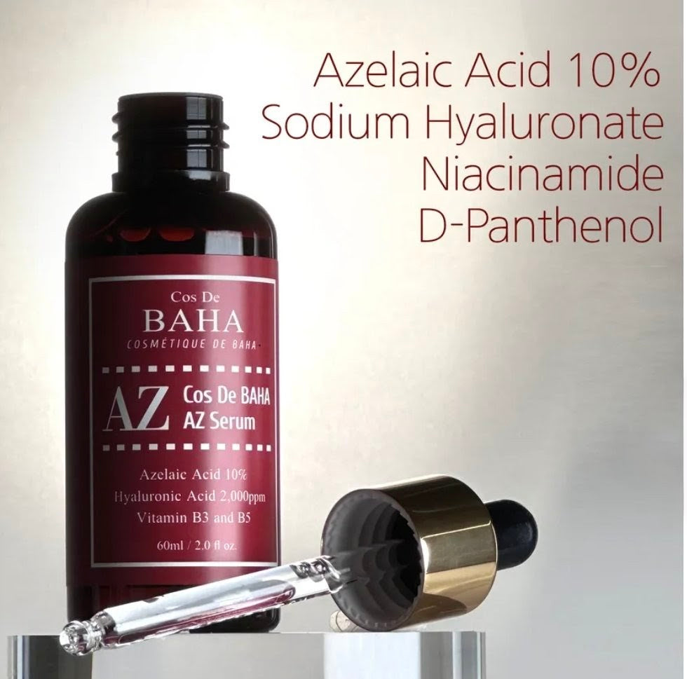 Cosmetic serum bottle with dropper labeled 'Cos De BAHá AZ Serum' on a gradient background.