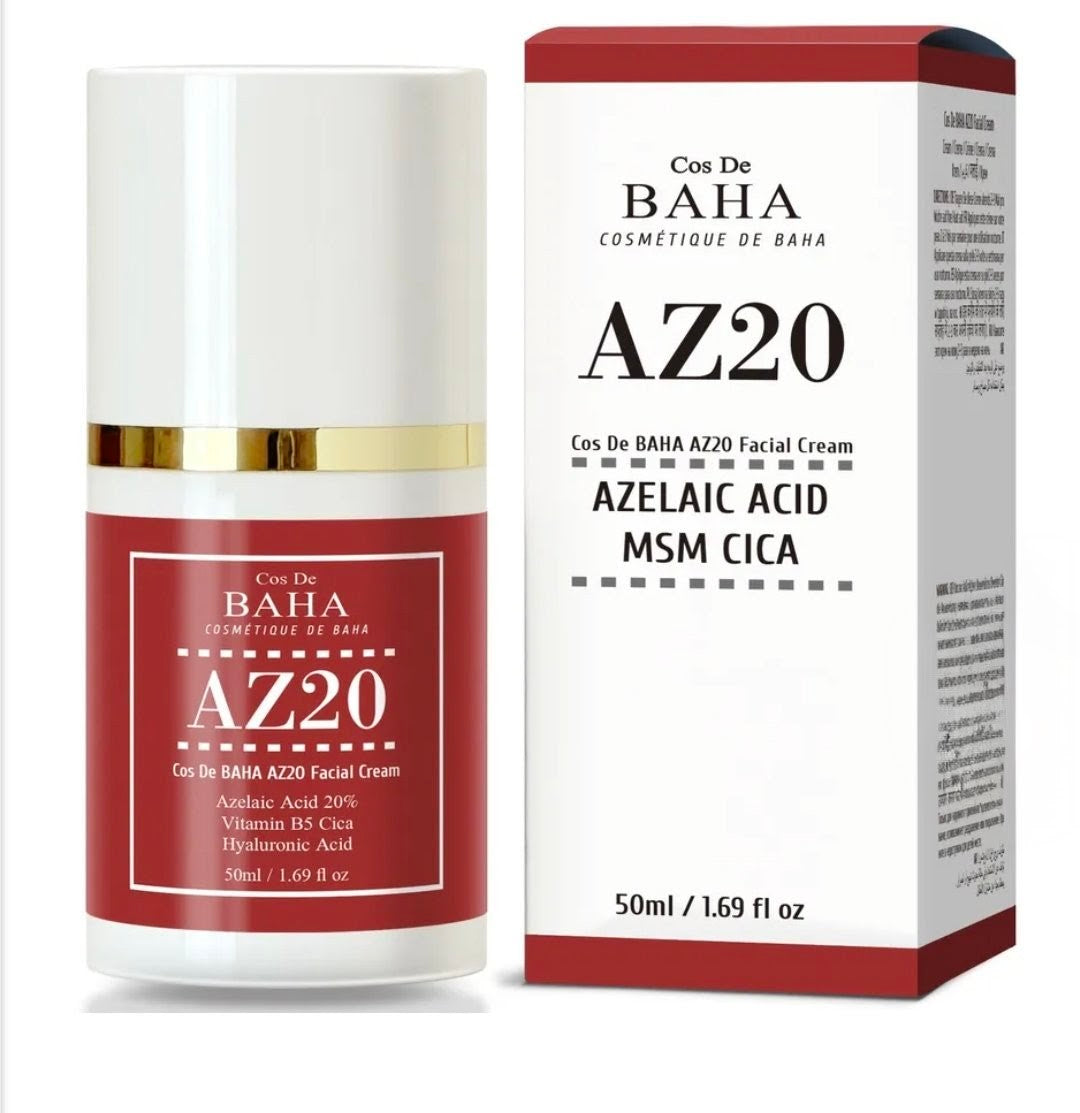 Cosmetic cream bottle and packaging of Cos De Baha AZ20 on a white background