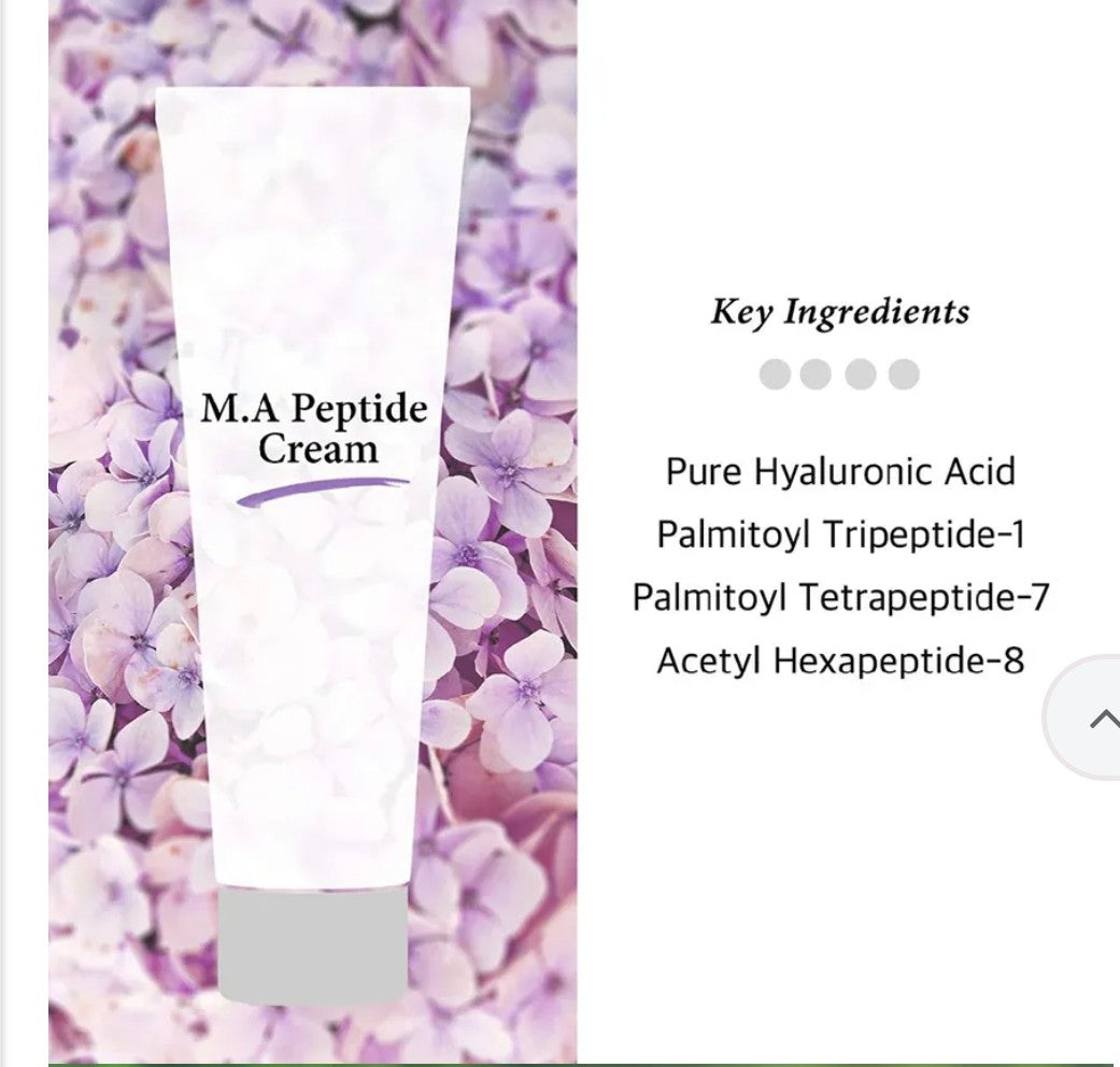 M.A Peptide Cream tube with ingredients listed on a white background