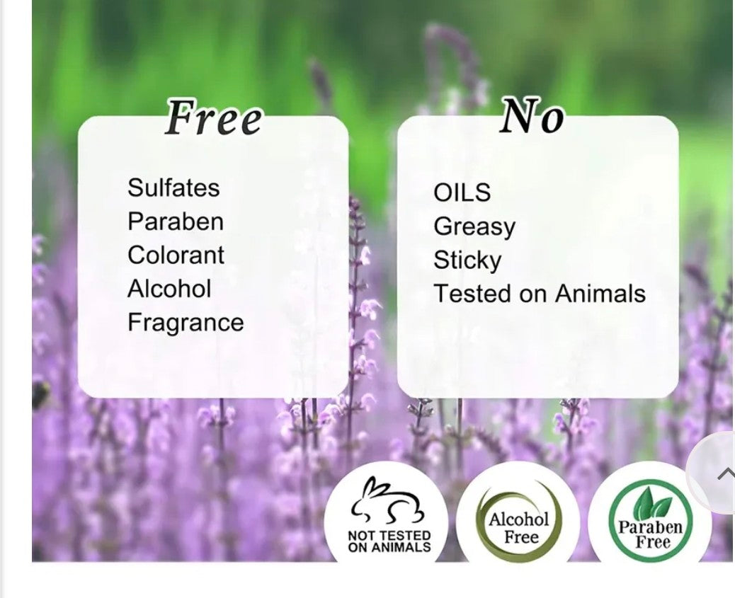 Lavender flowers with labels about product ingredients and certifications on a blurred green background.