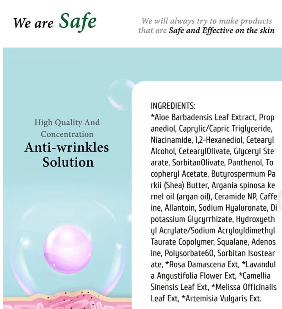 Product label for an anti-wrinkles solution with ingredients listed on a light blue background.