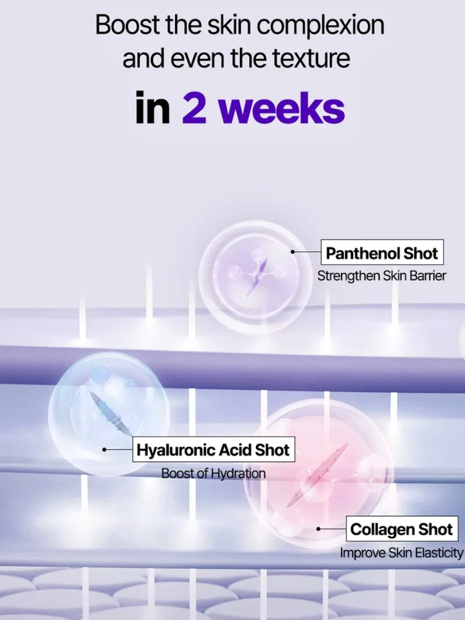 Advertisement for skin shots with text 'Boost the skin complexion and even the texture in 2 weeks' on a white background.