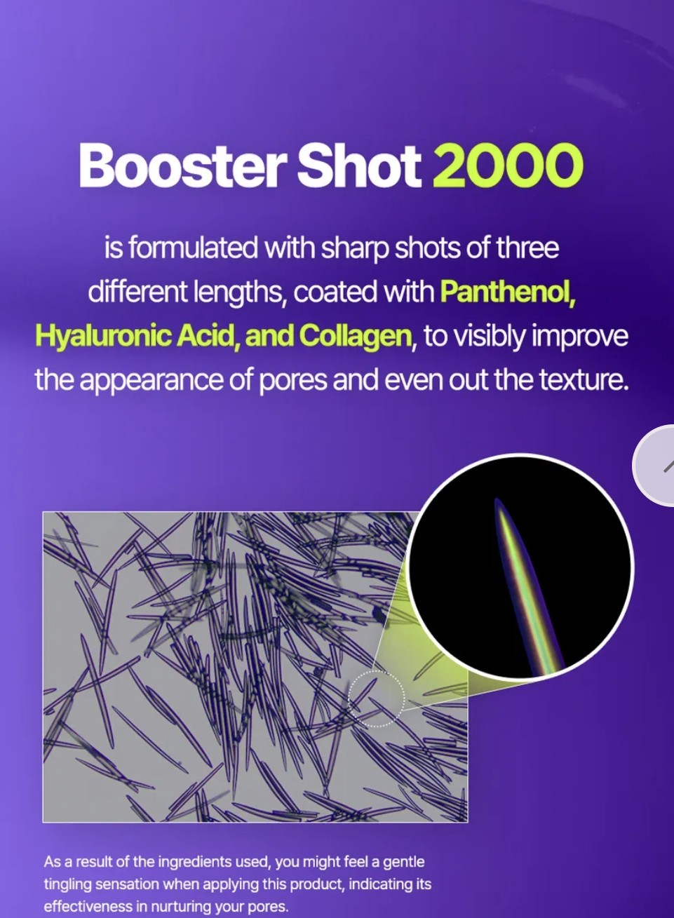 Advertisement for Booster Shot 2000 with text and close-up images on a purple background.
