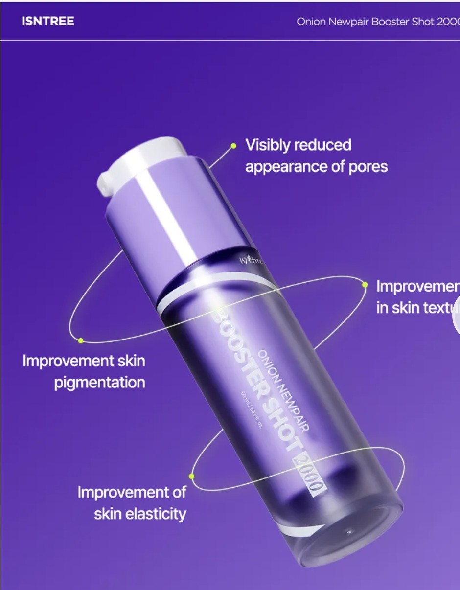 ISNTREE Onion Newpar Booster Shot 2000 skincare product on a purple background with text highlighting benefits.