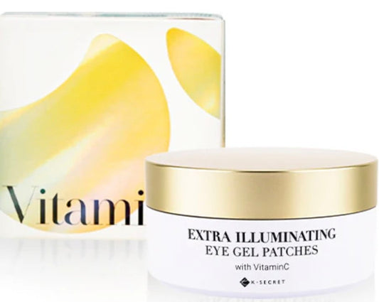 Jar of 'Extra Illuminating Eye Gel Patches' with yellow leaf design on a white background
