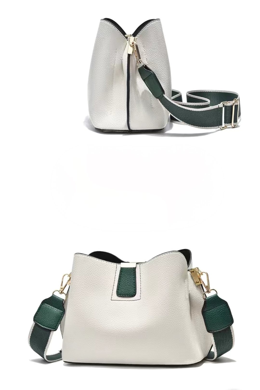 White handbag with green accents on a white background