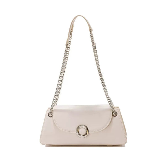 White handbag with a chain strap on a white background