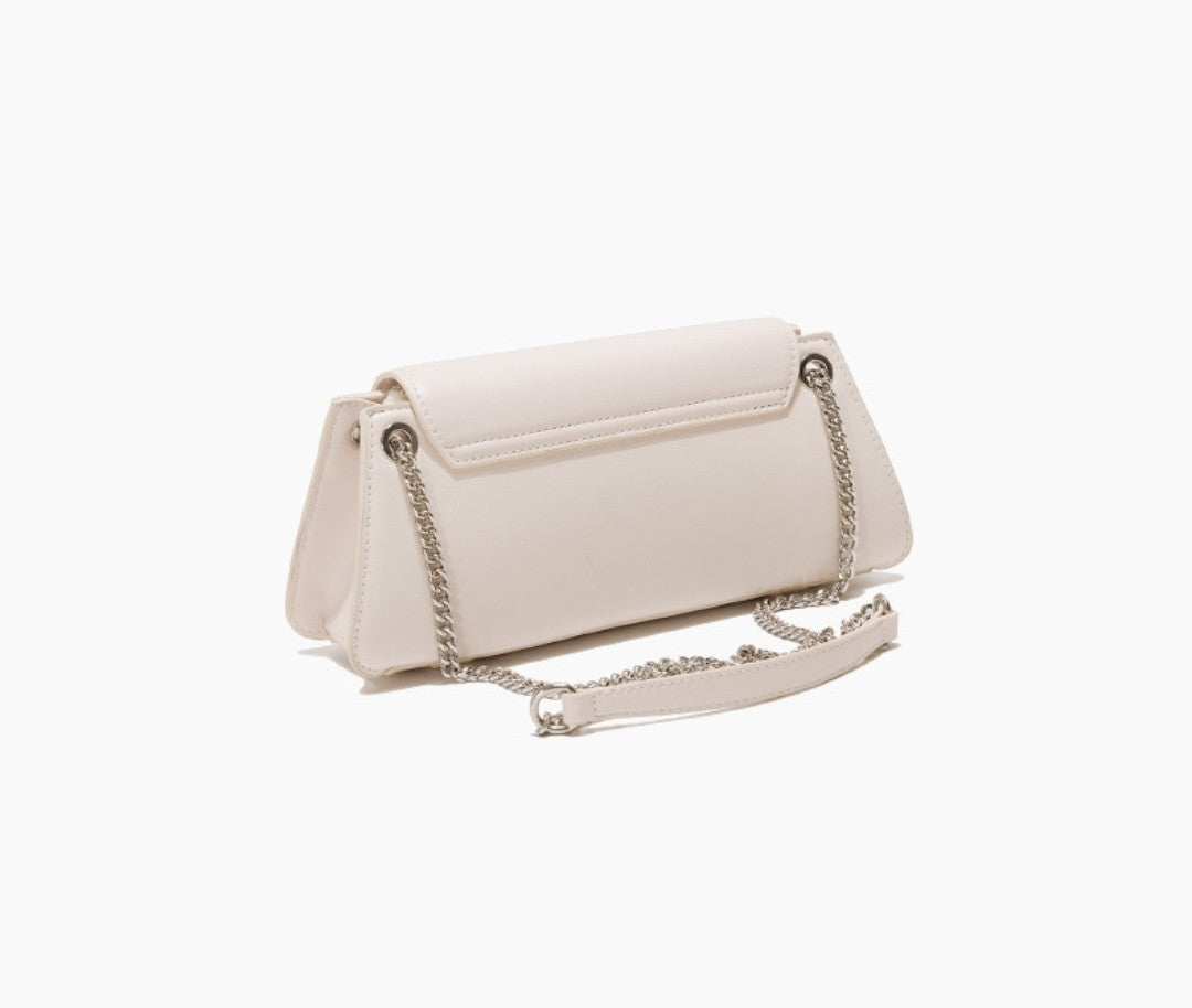 White handbag with a chain detail on a white background