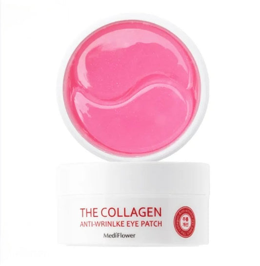 Pink collagen eye patch in a container with 'MediFlower' branding on a white background