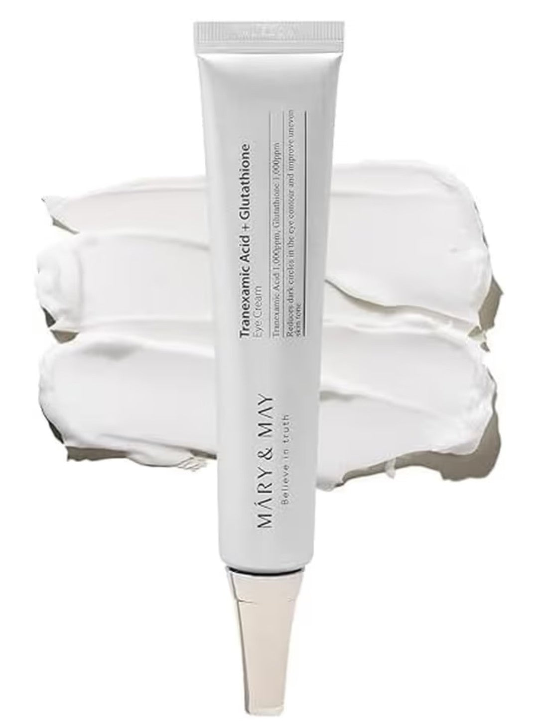 Mary & May eye cream tube with white cream swatch on a white background