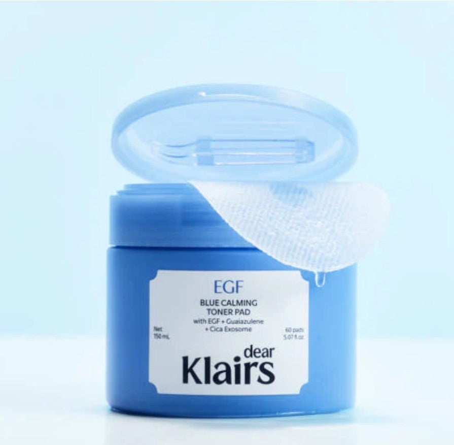 Klairs EGF Blue Calming Toner Pad container with toner pad on a light blue background